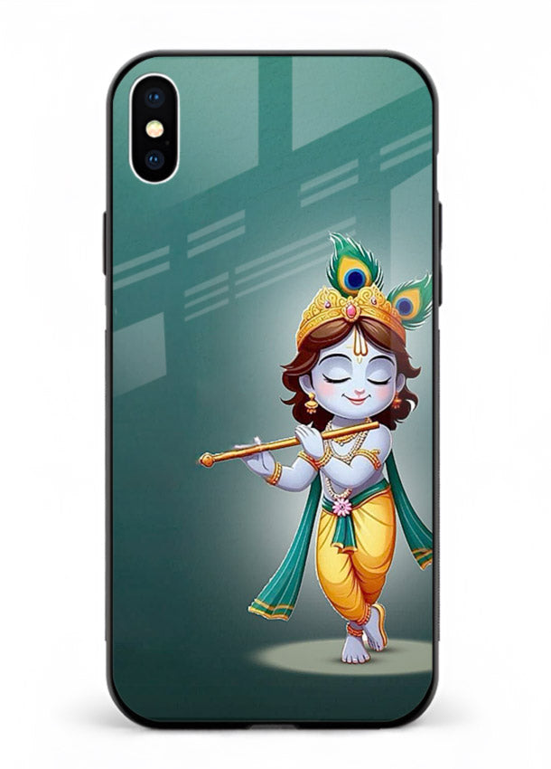 Cute blue Krishna standing flute art iphone xs max glass back devotional case