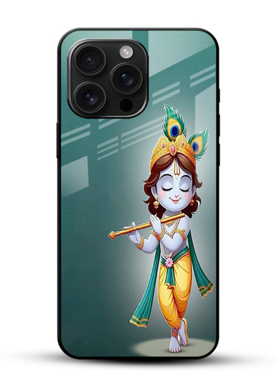 Cute blue Krishna standing flute art glossy vibrant premium glass back devotional case - Angle Front