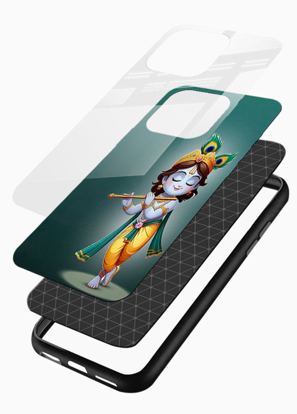 Cute blue Krishna standing flute art glossy vibrant premium glass back devotional case - Angle Layers