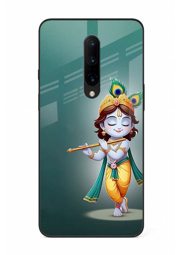 Cute blue Krishna standing flute art OnePlus 7 Pro glass back devotional case