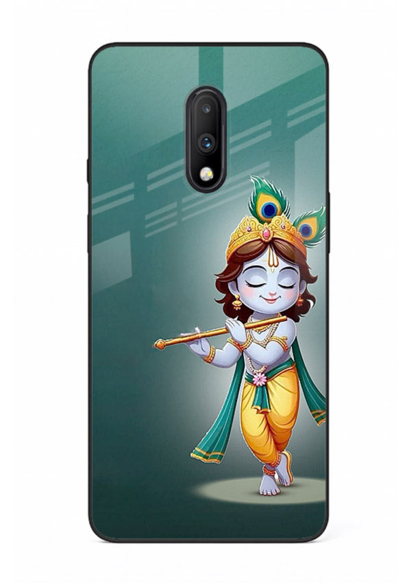 Cute blue Krishna standing flute art OnePlus 7 glass back devotional case
