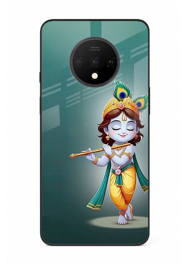 Cute blue Krishna standing flute art OnePlus 7T glass back devotional case