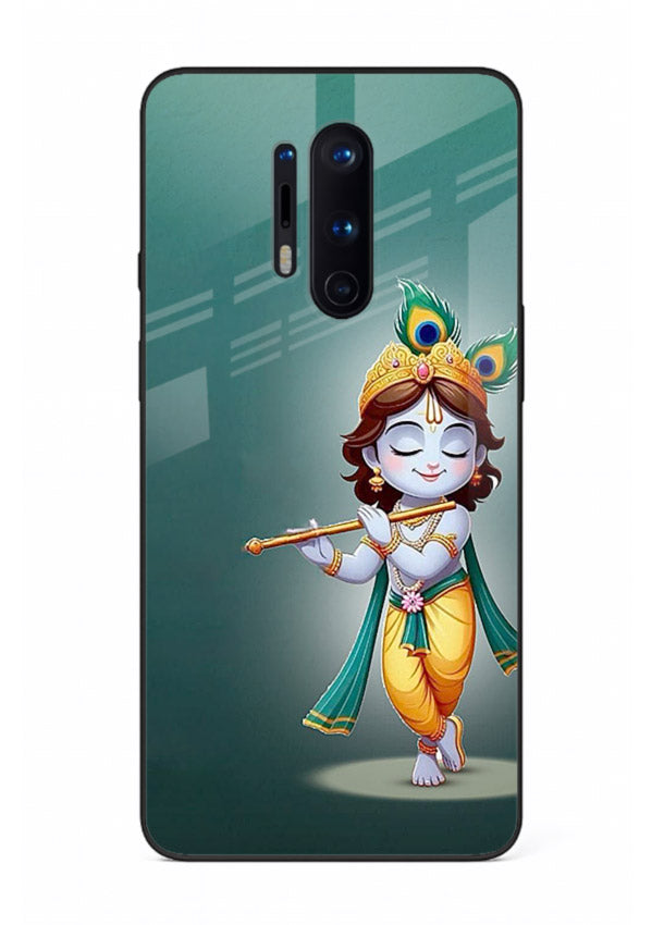 Cute blue Krishna standing flute art OnePlus 8 Pro glass back devotional case