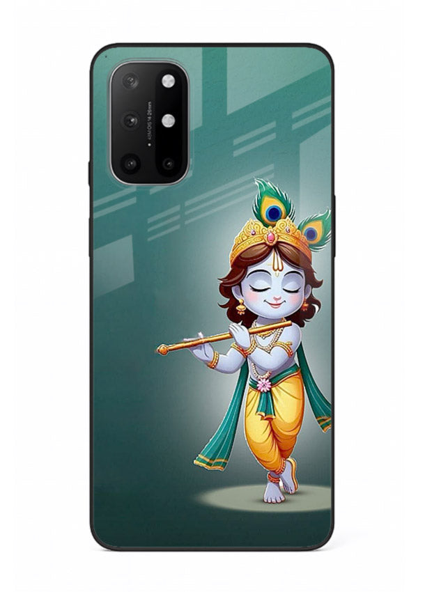 Cute blue Krishna standing flute art OnePlus 8T glass back devotional case