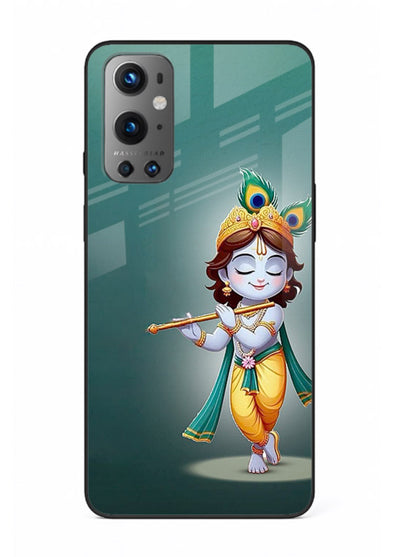 Cute blue Krishna standing flute art OnePlus 9 glass back devotional case