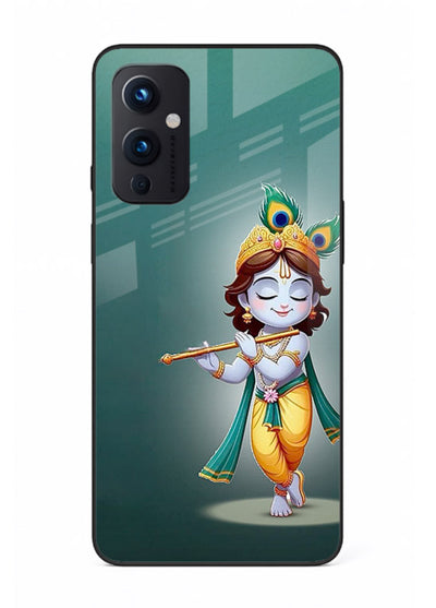 Cute blue Krishna standing flute art OnePlus 9 Pro glass back devotional case