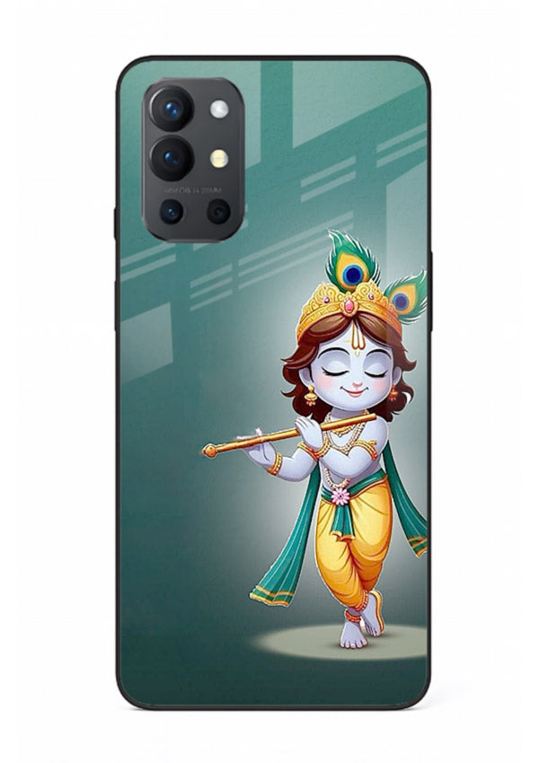 Cute blue Krishna standing flute art OnePlus 9R glass back devotional case
