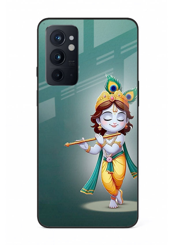 Cute blue Krishna standing flute art OnePlus 9RT glass back devotional case