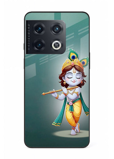Cute blue Krishna standing flute art OnePlus 10 Pro glass back devotional case