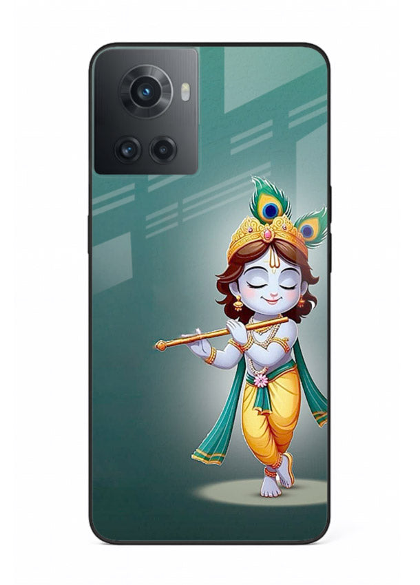 Cute blue Krishna standing flute art OnePlus 10R glass back devotional case