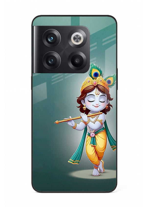 Cute blue Krishna standing flute art OnePlus 10T glass back devotional case