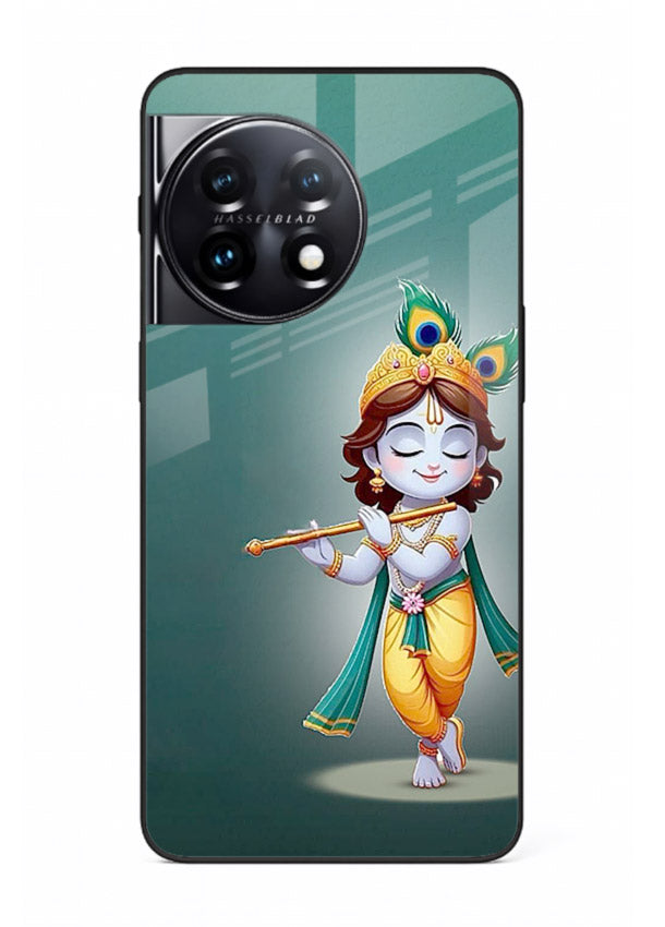Cute blue Krishna standing flute art OnePlus 11R glass back devotional case