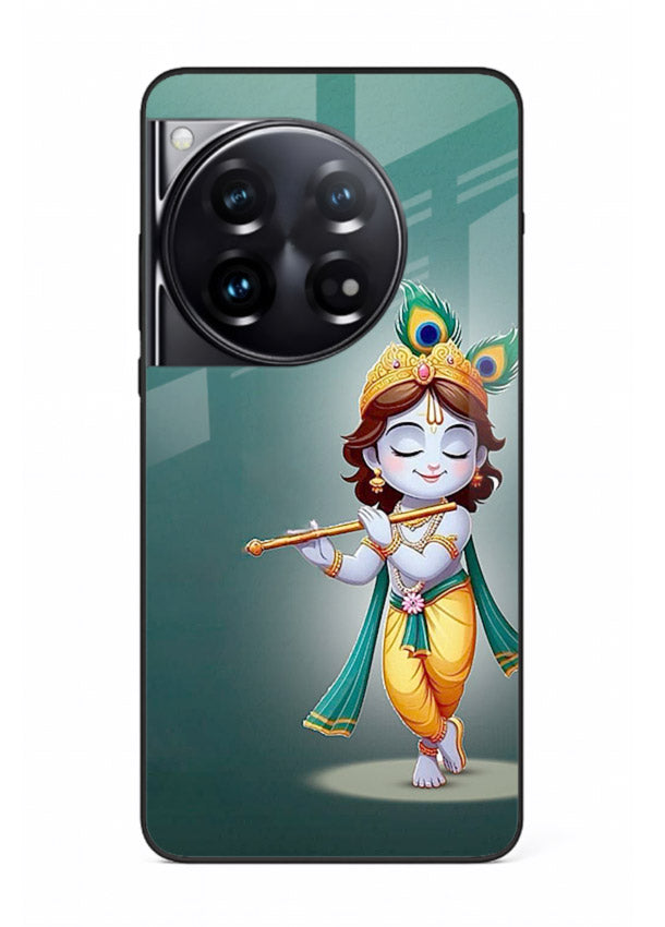 Cute blue Krishna standing flute art OnePlus 12 glass back devotional case