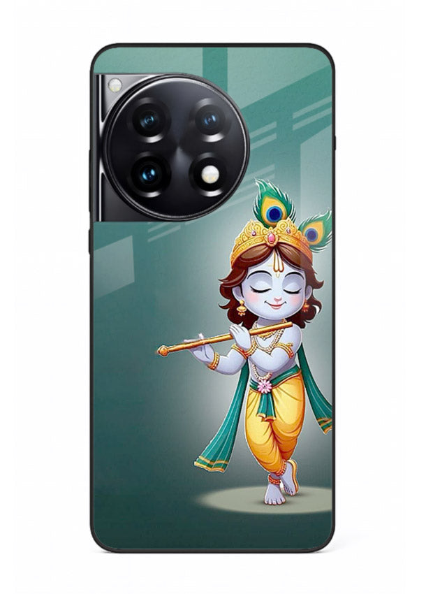 Cute blue Krishna standing flute art OnePlus 12R glass back devotional case