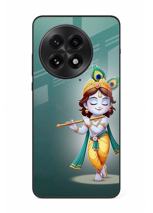 Cute blue Krishna standing flute art OnePlus 13 glass back devotional case