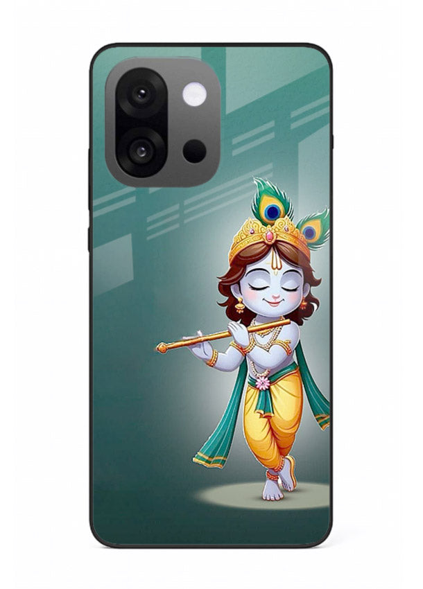 Cute blue Krishna standing flute art OnePlus 13s glass back devotional case