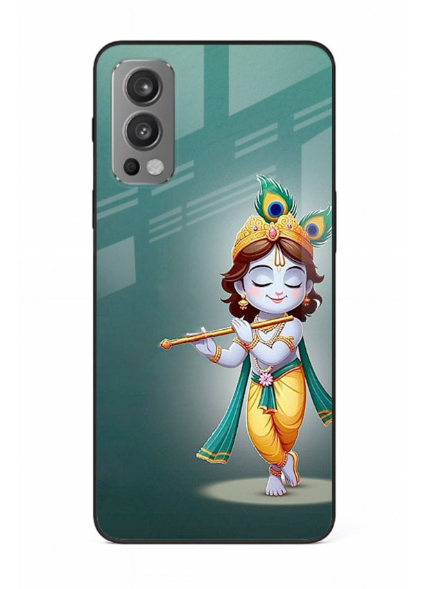 Cute blue Krishna standing flute art OnePlus Nord 2 glass back devotional case