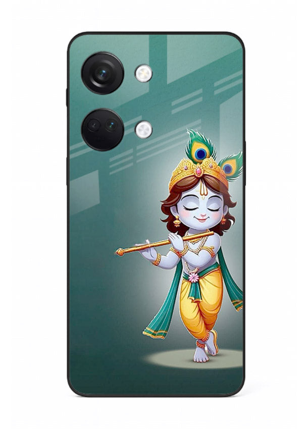 Cute blue Krishna standing flute art OnePlus Nord 3 glass back devotional case