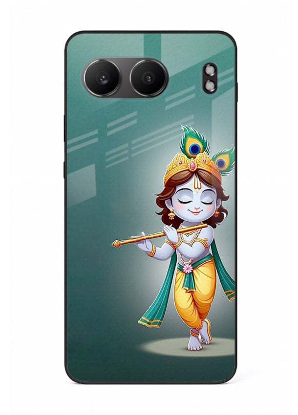 Cute blue Krishna standing flute art OnePlus Nord 4 glass back devotional case