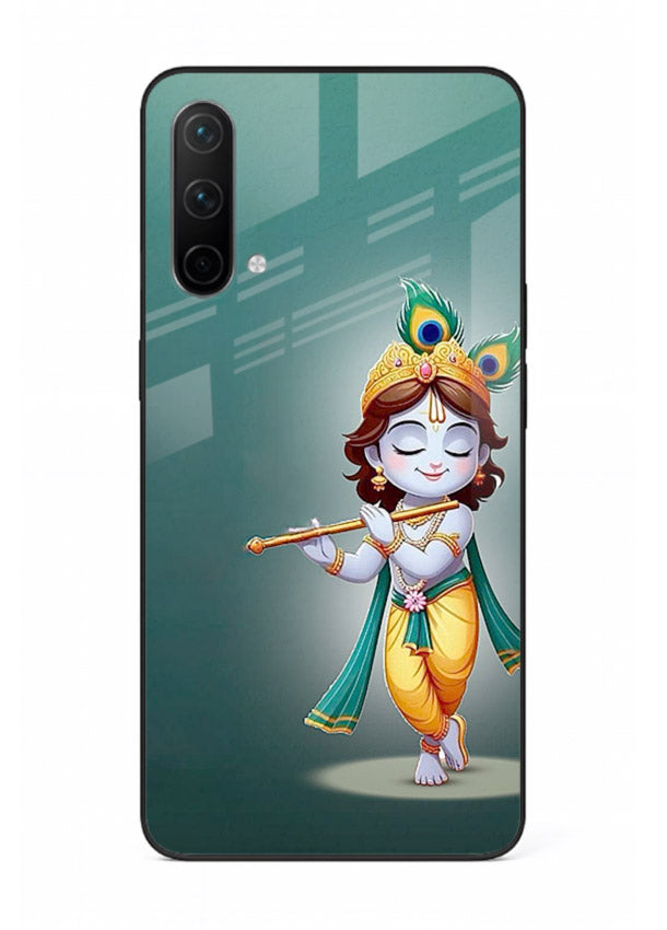Cute blue Krishna standing flute art OnePlus Nord CE 5G glass back devotional case