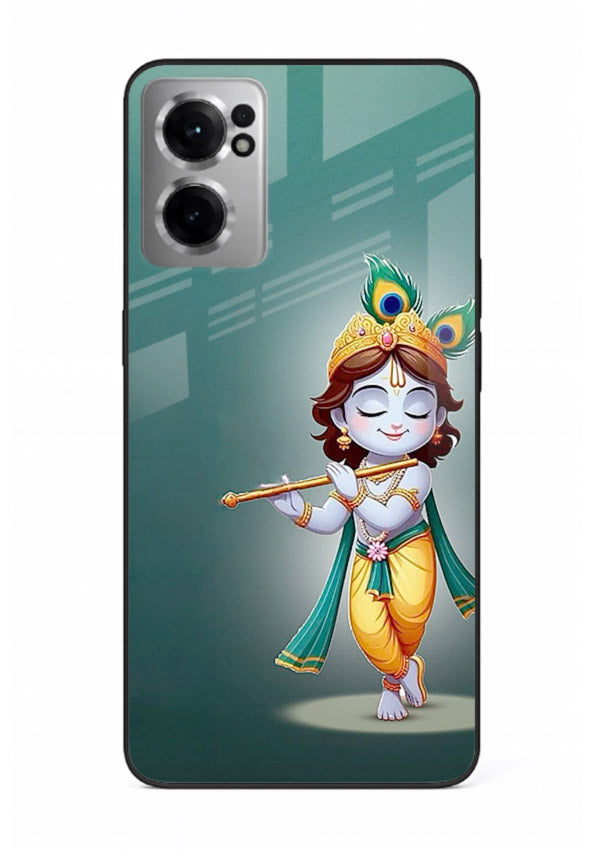 Cute blue Krishna standing flute art OnePlus Nord CE2 5G glass back devotional case