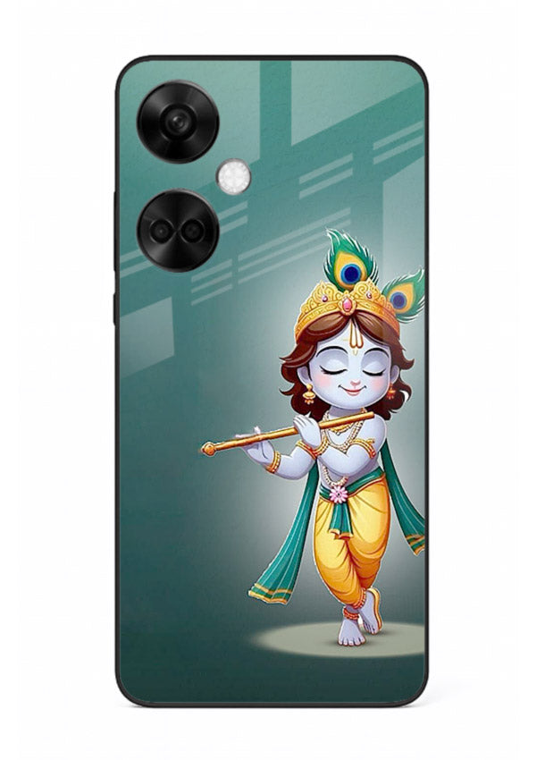 Cute blue Krishna standing flute art OnePlus Nord CE3 glass back devotional case