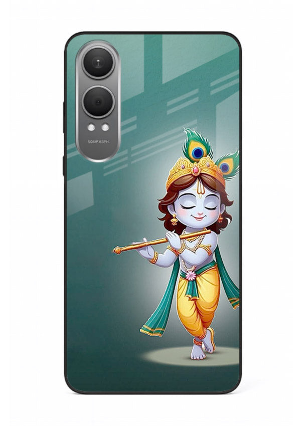 Cute blue Krishna standing flute art OnePlus Nord CE4 Lite glass back devotional case
