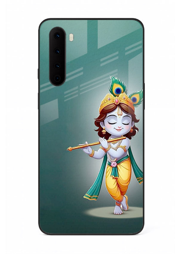 Cute blue Krishna standing flute art OnePlus Nord glass back devotional case