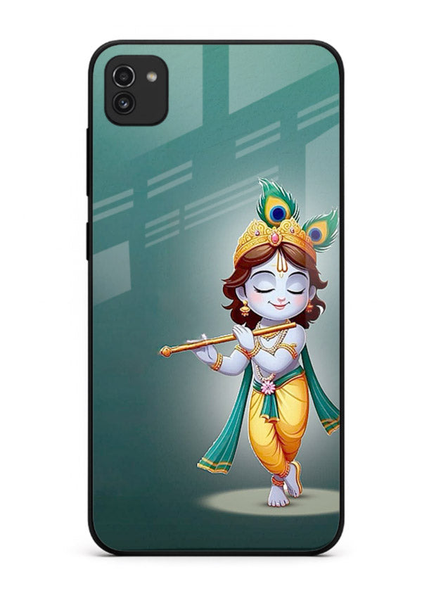 Cute blue Krishna standing flute art Samsung A03 glass back devotional case
