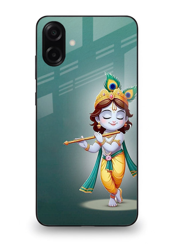 Cute blue Krishna standing flute art Samsung A07 4G glass back devotional case
