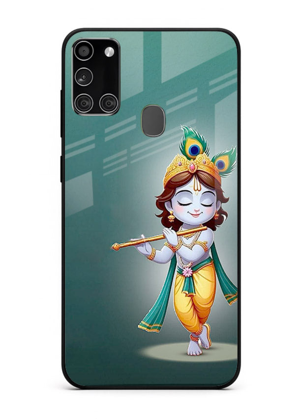 Cute blue Krishna standing flute art Samsung A21s glass back devotional case