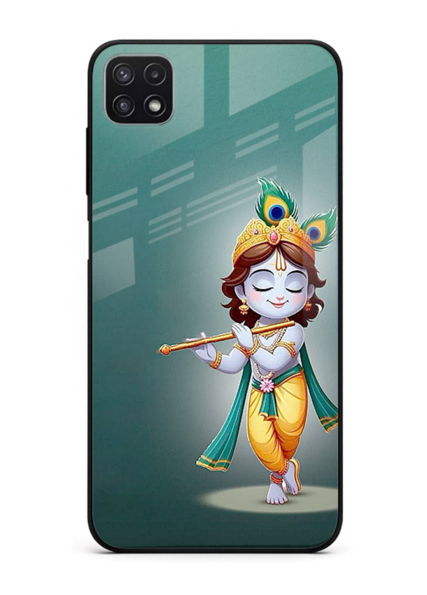 Cute blue Krishna standing flute art Samsung F42 5G glass back devotional case