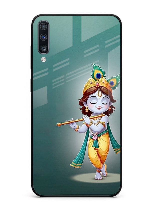 Cute blue Krishna standing flute art Samsung A50 glass back devotional case