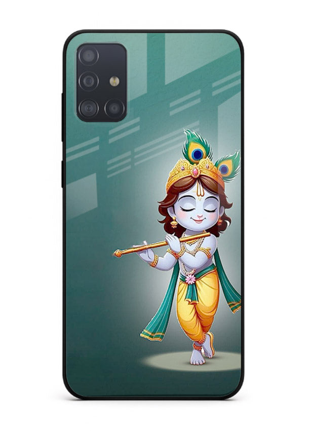 Cute blue Krishna standing flute art Samsung A71 glass back devotional case