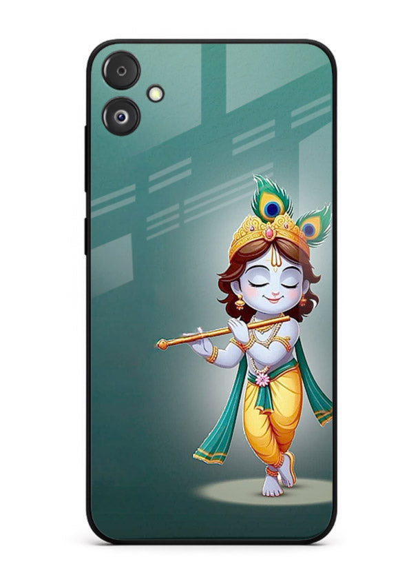 Cute blue Krishna standing flute art Samsung F04 5G glass back devotional case