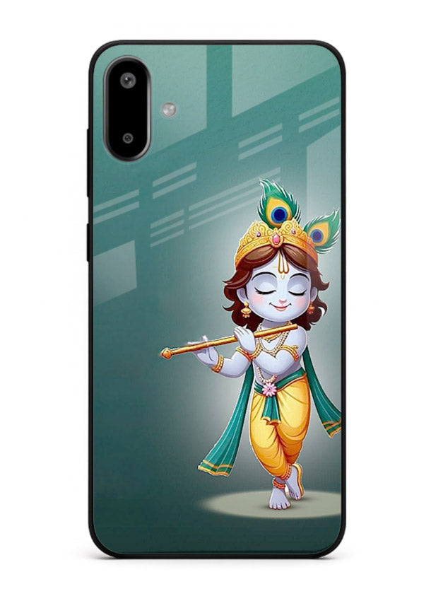 Cute blue Krishna standing flute art Samsung F06 5G glass back devotional case