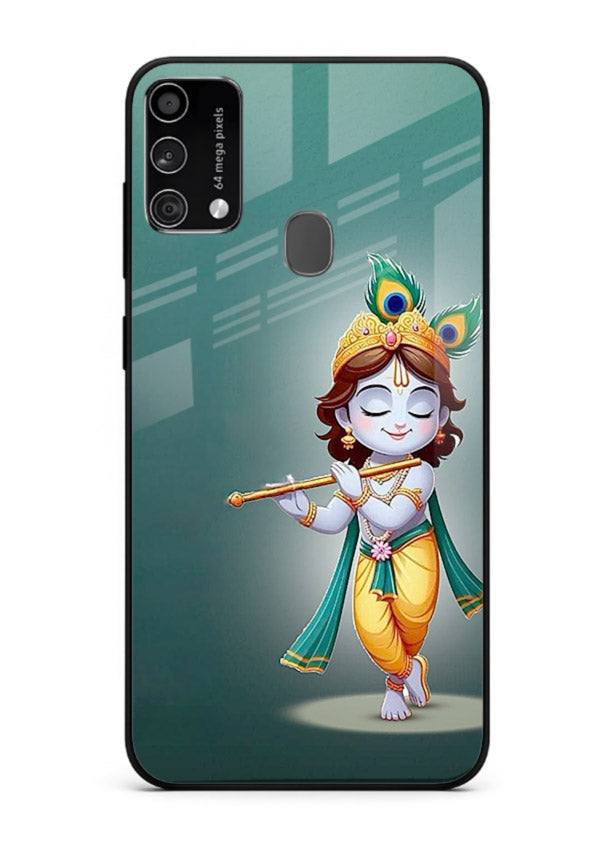 Cute blue Krishna standing flute art Samsung F41 glass back devotional case