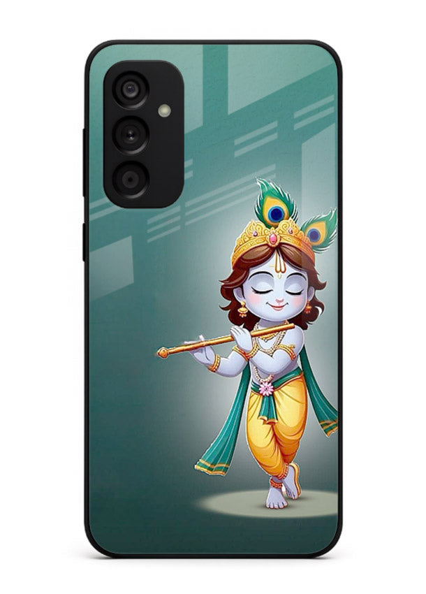 Cute blue Krishna standing flute art Samsung F34 5G glass back devotional case