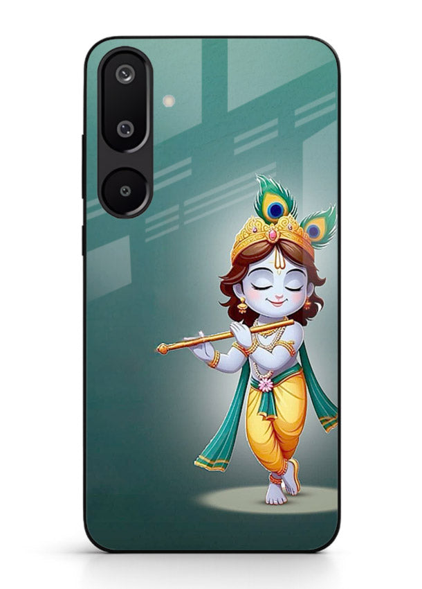Cute blue Krishna standing flute art Samsung F16 5G glass back devotional case