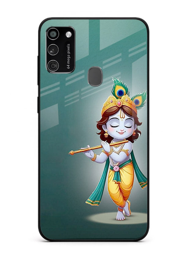 Cute blue Krishna standing flute art Samsung M21 glass back devotional case