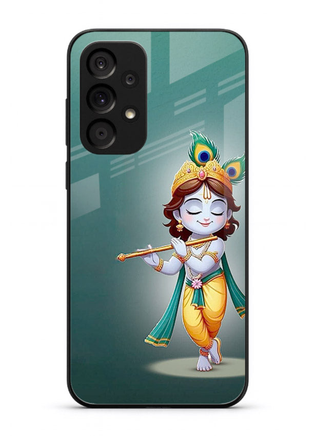 Cute blue Krishna standing flute art Samsung A33 5G glass back devotional case