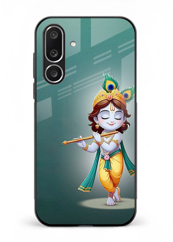 Cute blue Krishna standing flute art Samsung M56 5G glass back devotional case