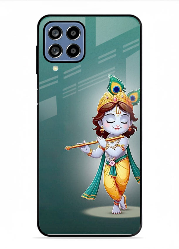 Cute blue Krishna standing flute art Samsung M53 5G glass back devotional case
