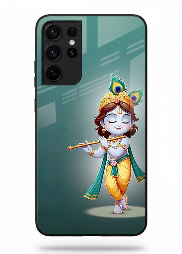 Cute blue Krishna standing flute art Samsung S21 Ultra glass back devotional case