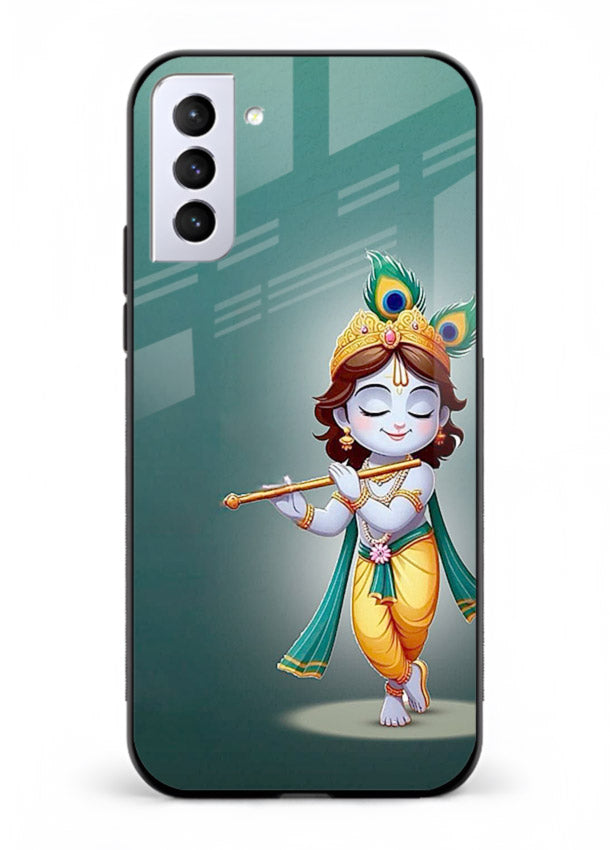 Cute blue Krishna standing flute art Samsung S21 FE glass back devotional case