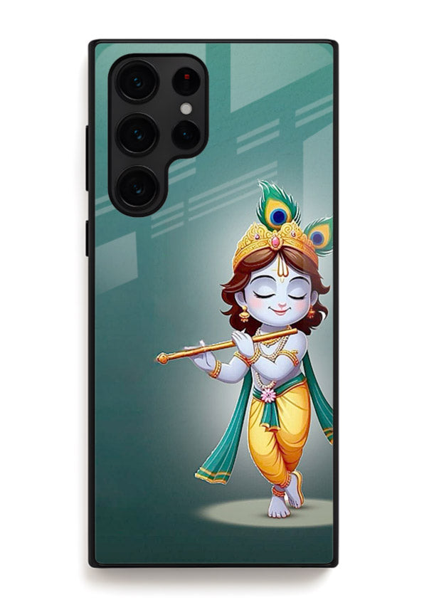 Cute blue Krishna standing flute art Samsung S24 Ultra glass back devotional case