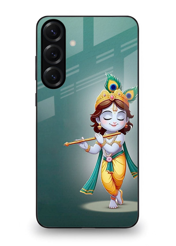 Cute blue Krishna standing flute art Samsung M35 5G glass back devotional case