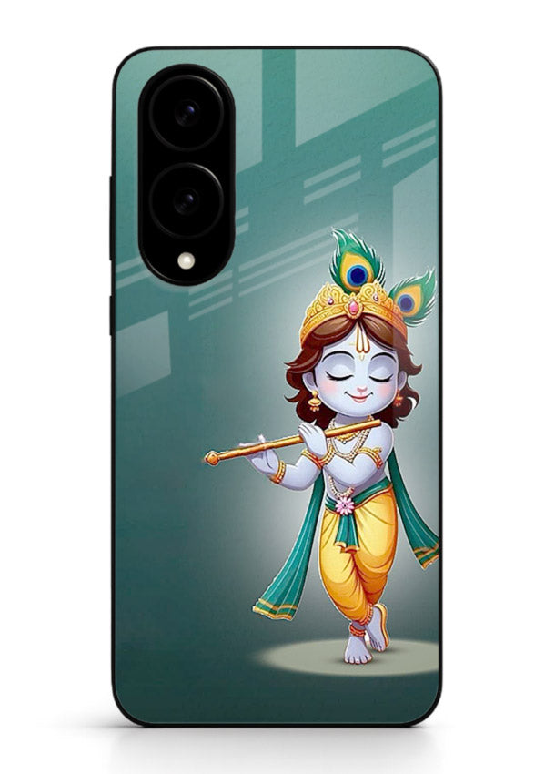 Cute blue Krishna standing flute art Samsung S25 Edge glass back devotional case
