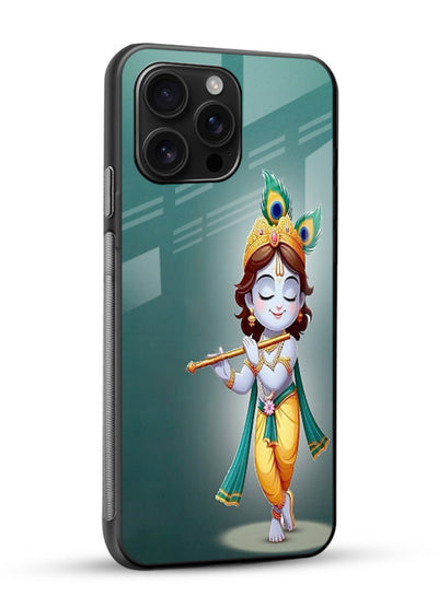 Cute blue Krishna standing flute art glossy vibrant premium glass back devotional case - Angle Side