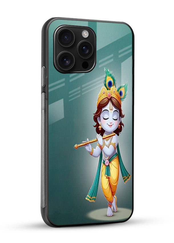 Cute blue Krishna standing flute art glossy vibrant premium glass back devotional case - Angle Side